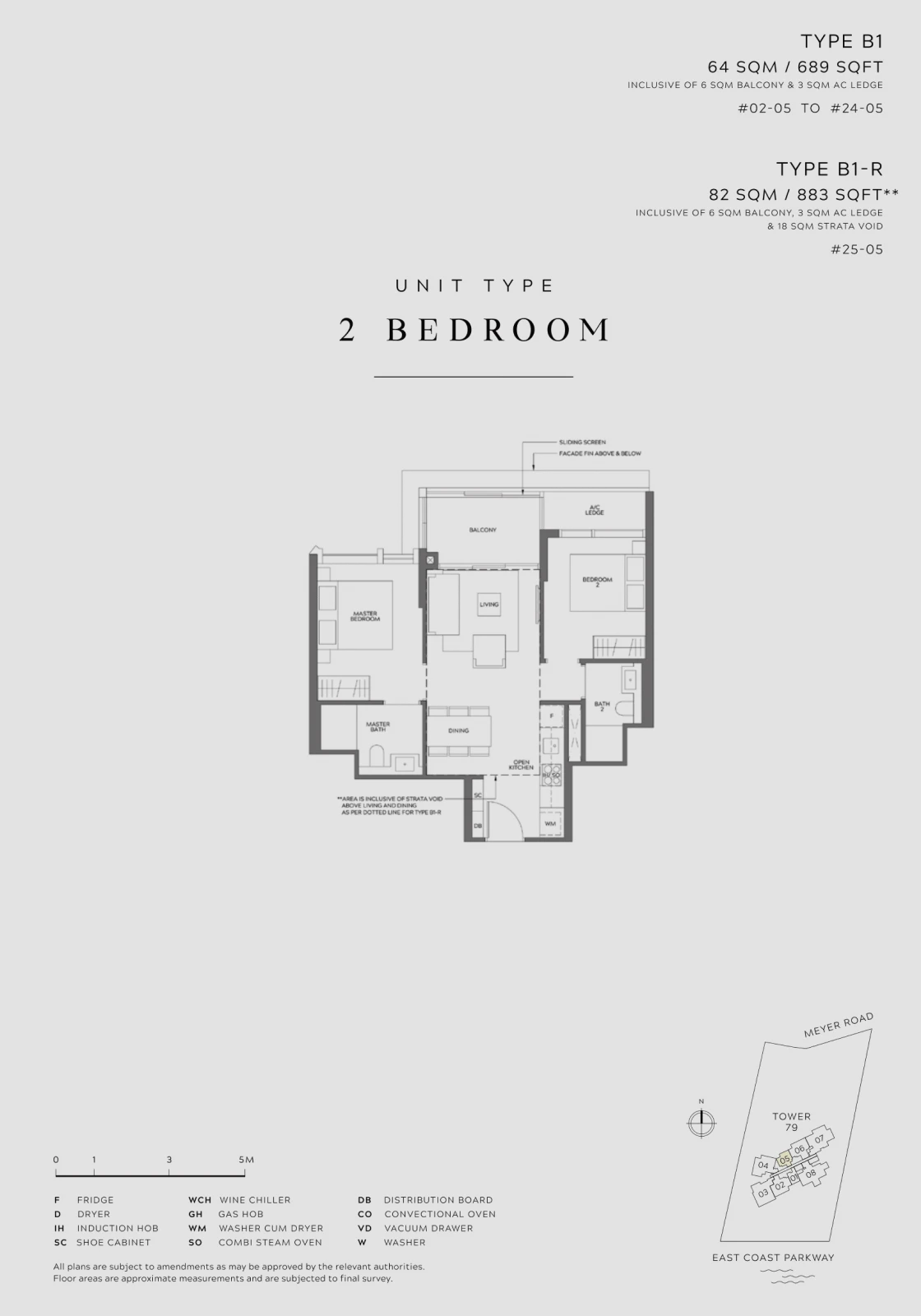 Floor plan for a 2-bedroom unit, available in 64 sqm (689 sqft) and 82 sqm (883 sqft) sizes. The design includes a living room, open kitchen, dining area, two bedrooms, two bathrooms, and a balcony.