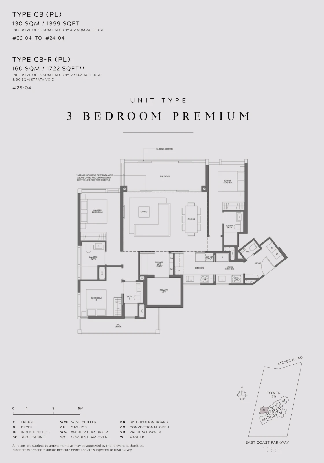 Floor plan of a 3-bedroom premium unit, available in 130 sqm (1399 sqft) and 160 sqm (1722 sqft) sizes. Includes a spacious living area, dining space, three bedrooms, private lift, bathrooms, kitchen, storage, and multiple balconies.