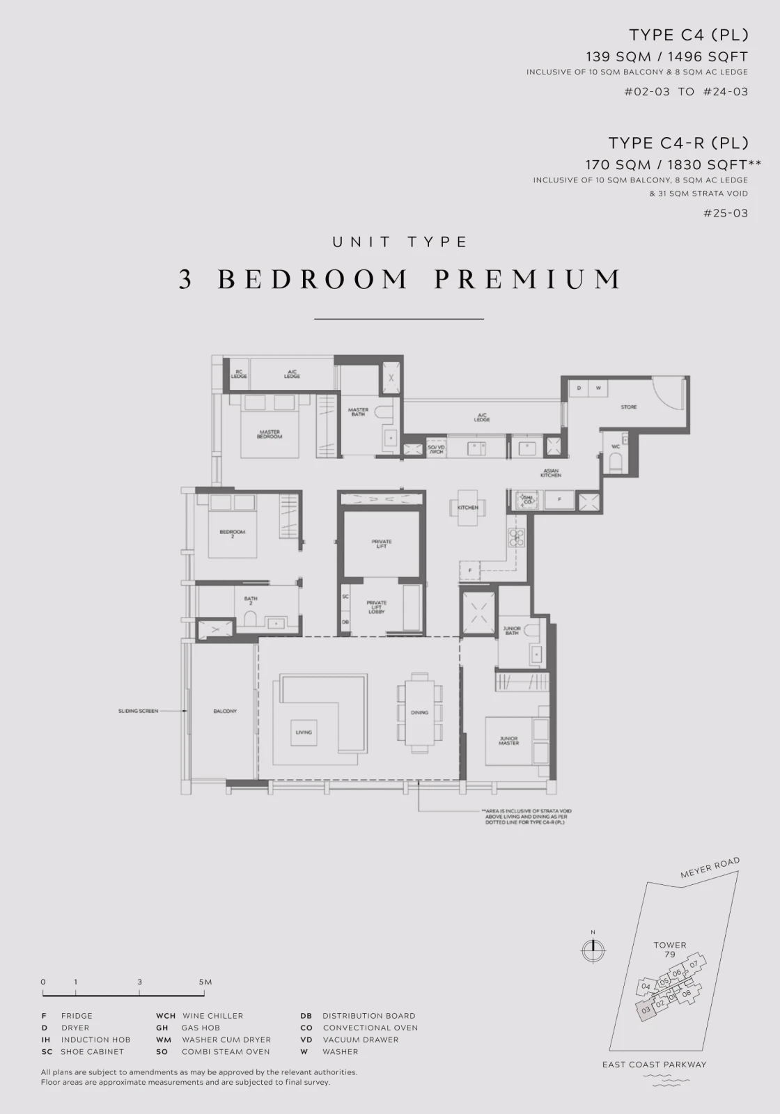 Layout of a 3-bedroom premium unit, offered in 139 sqm (1496 sqft) and 170 sqm (1830 sqft) sizes. Features a large living room, dining area, three bedrooms, private lift, bathrooms, kitchen, utility room, and balcony access.