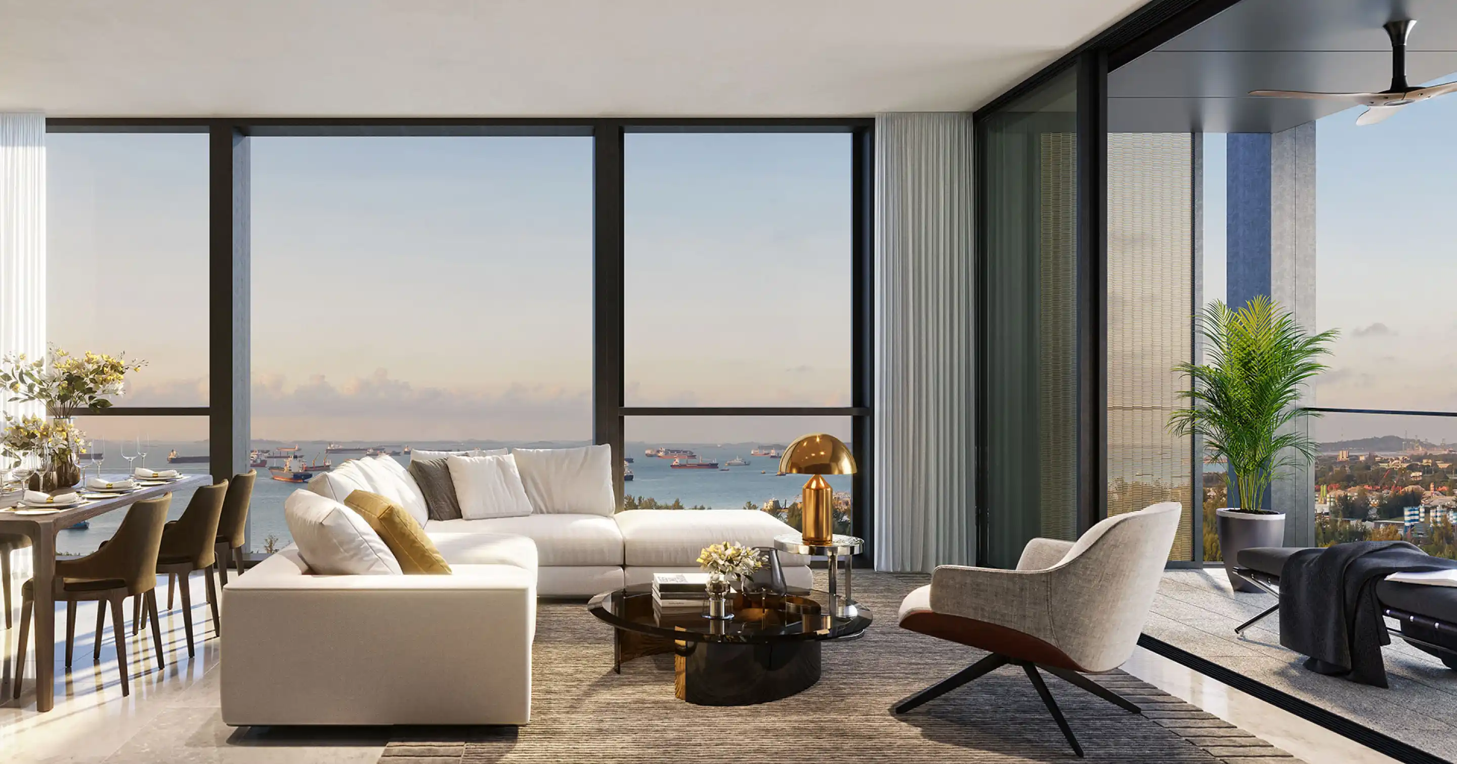 Elegant living room with floor-to-ceiling windows offering a stunning view of the sea. Features a cozy seating area, dining table set, modern decor, and access to a balcony.