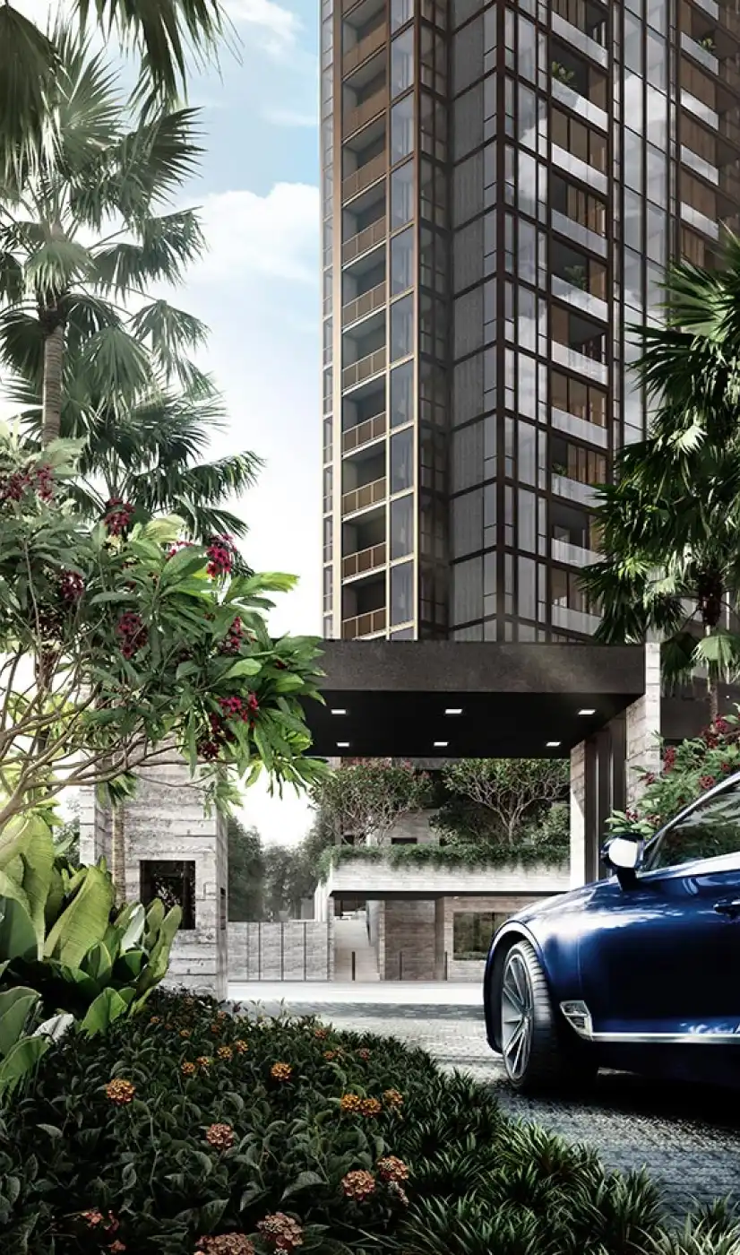 The entrance of Meyer Mansion, showcasing lush landscaping, tall palm trees, and modern architecture. A luxury car is driving through the grand entrance, emphasising exclusivity and elegance.