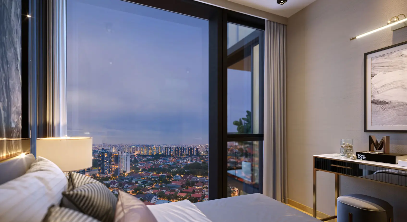Modern bedroom with floor-to-ceiling windows, offering a breathtaking view of the city at dusk. Includes a comfortable bed, desk, and minimal decor.