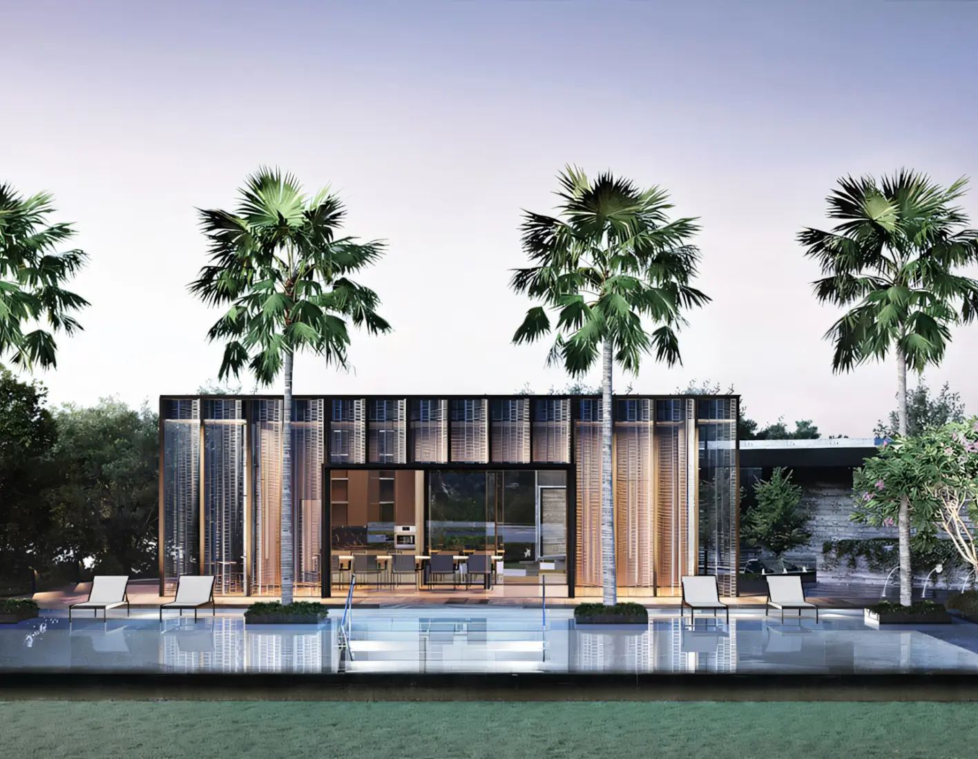 A sleek, modern poolside pavilion with large glass walls, surrounded by palm trees and minimalistic lounge chairs. The building has an elegant, contemporary design, featuring vertical slats and a tranquil setting.