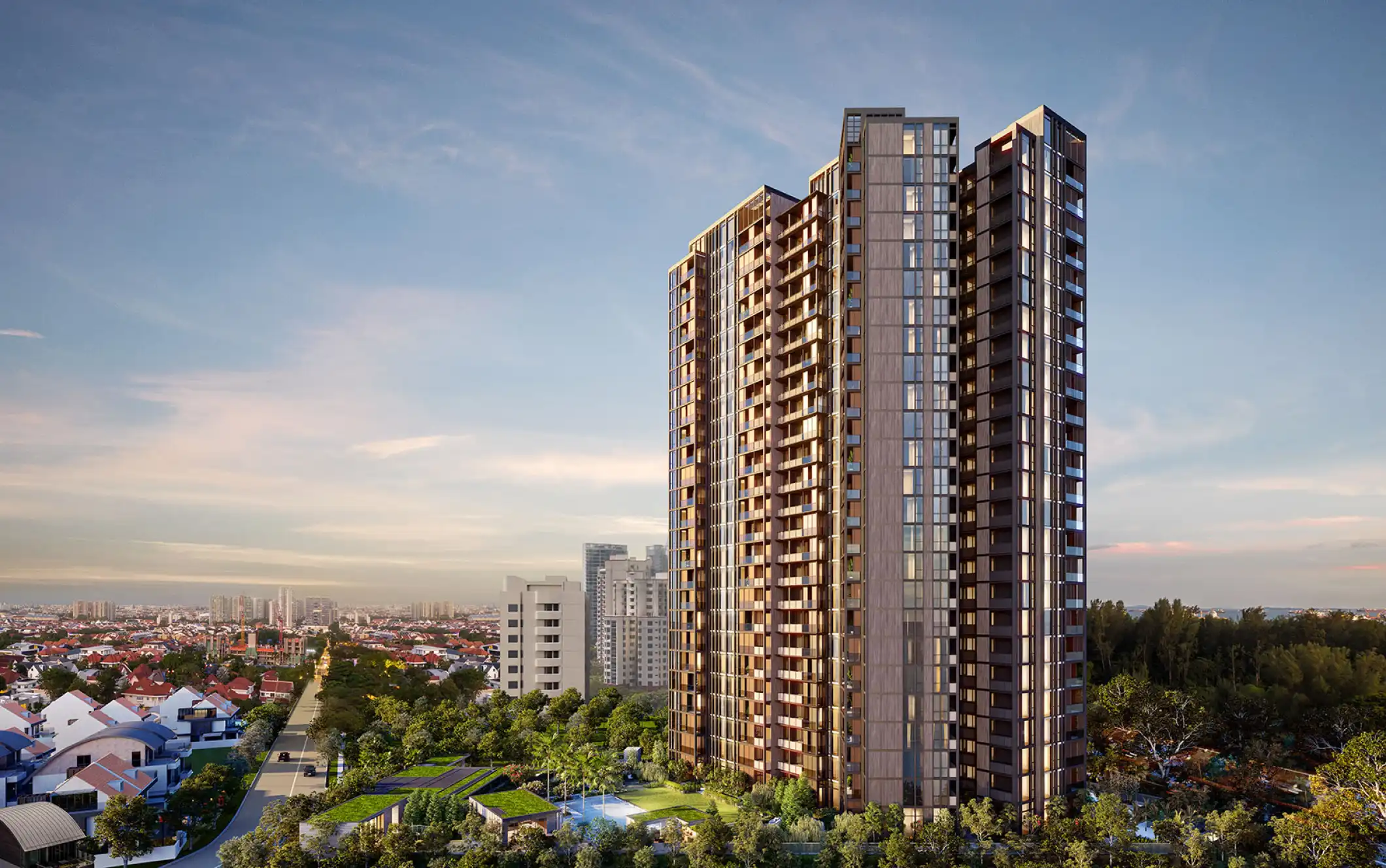 Meyer Mansion as a high-rise residential building with a modern architectural design, set against a backdrop of trees and city views under a pastel evening sky. The tall structure stands prominently over the surrounding neighbourhood.
