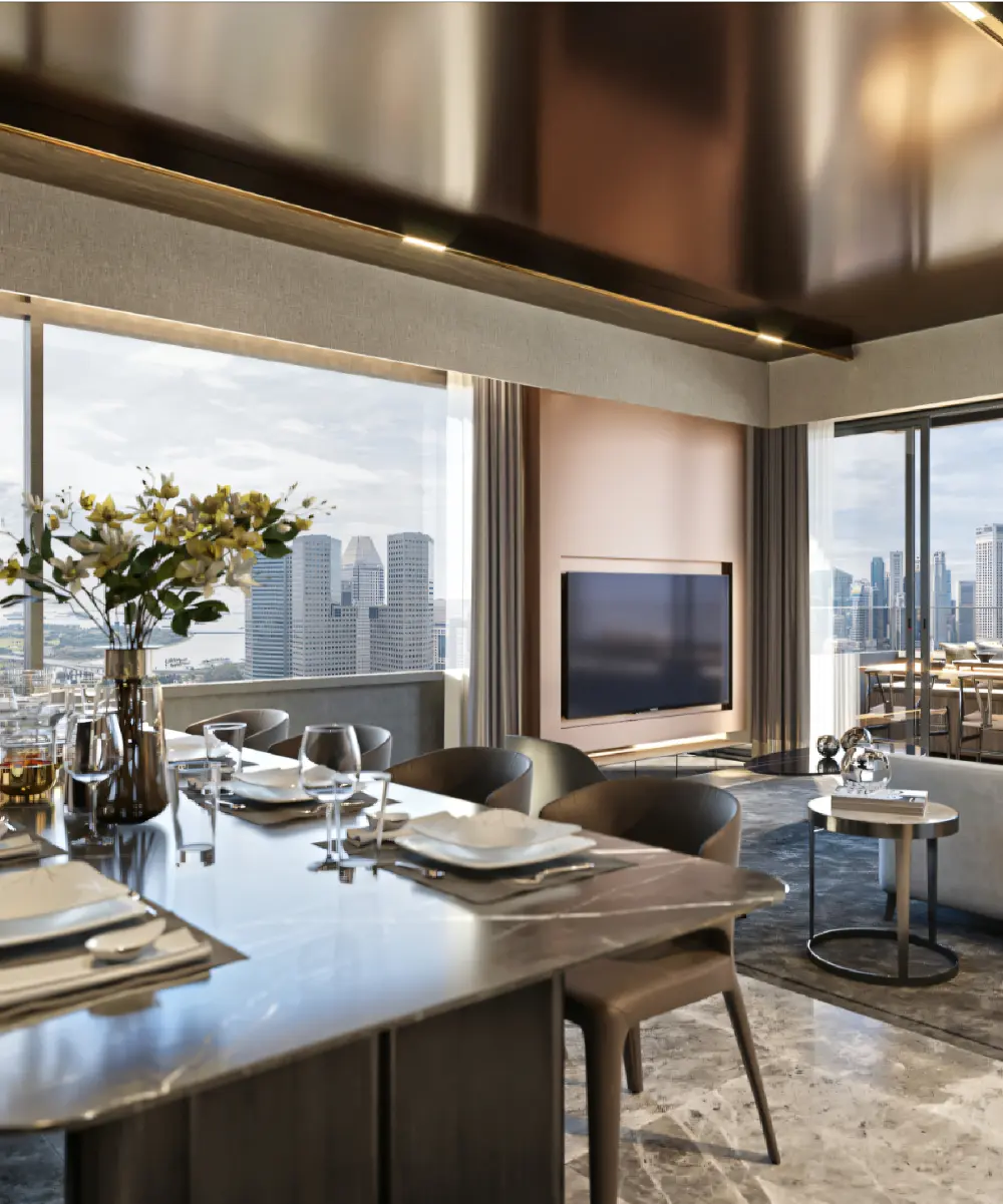 Elegant dining area in Midtown Modern condo with a marble table set for a meal, surrounded by a spacious living room with a large window showcasing a panoramic city skyline view in the background.