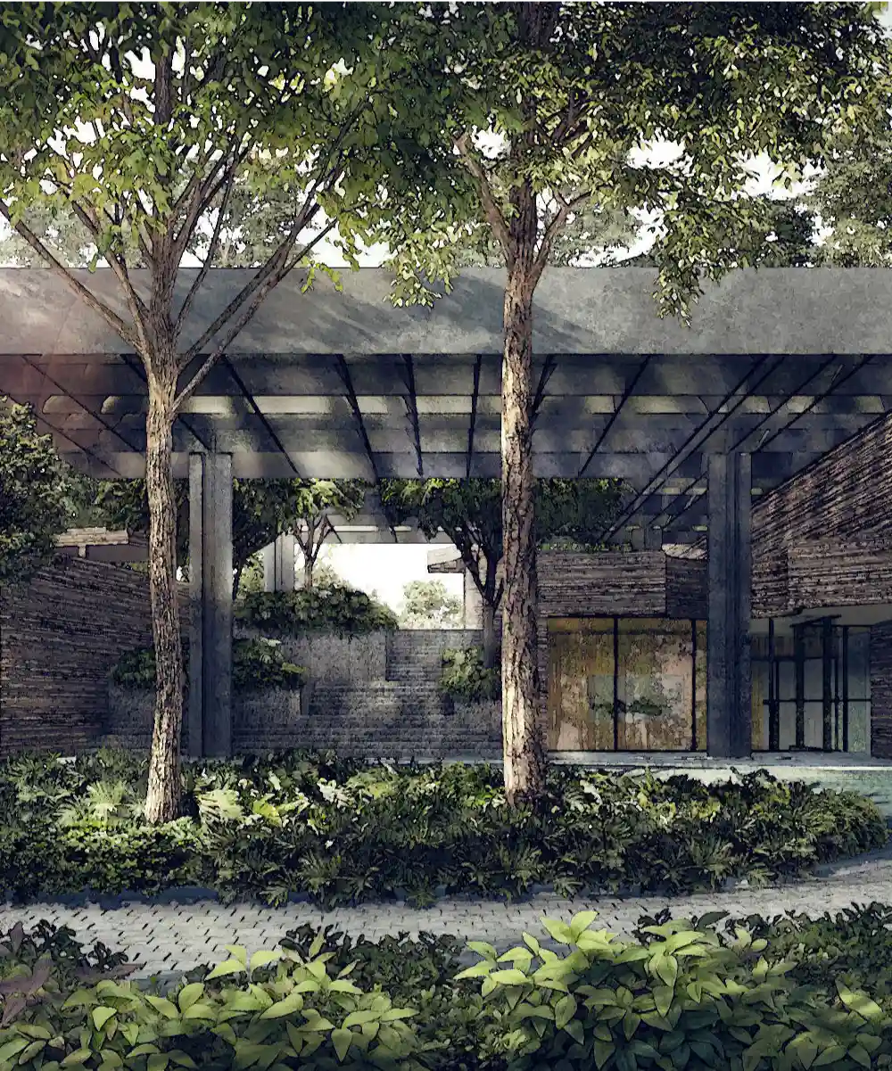 Martin Modern's lush courtyard filled with dense greenery, shaded by a modern overhead canopy structure, creating a tranquil, shaded entrance area.