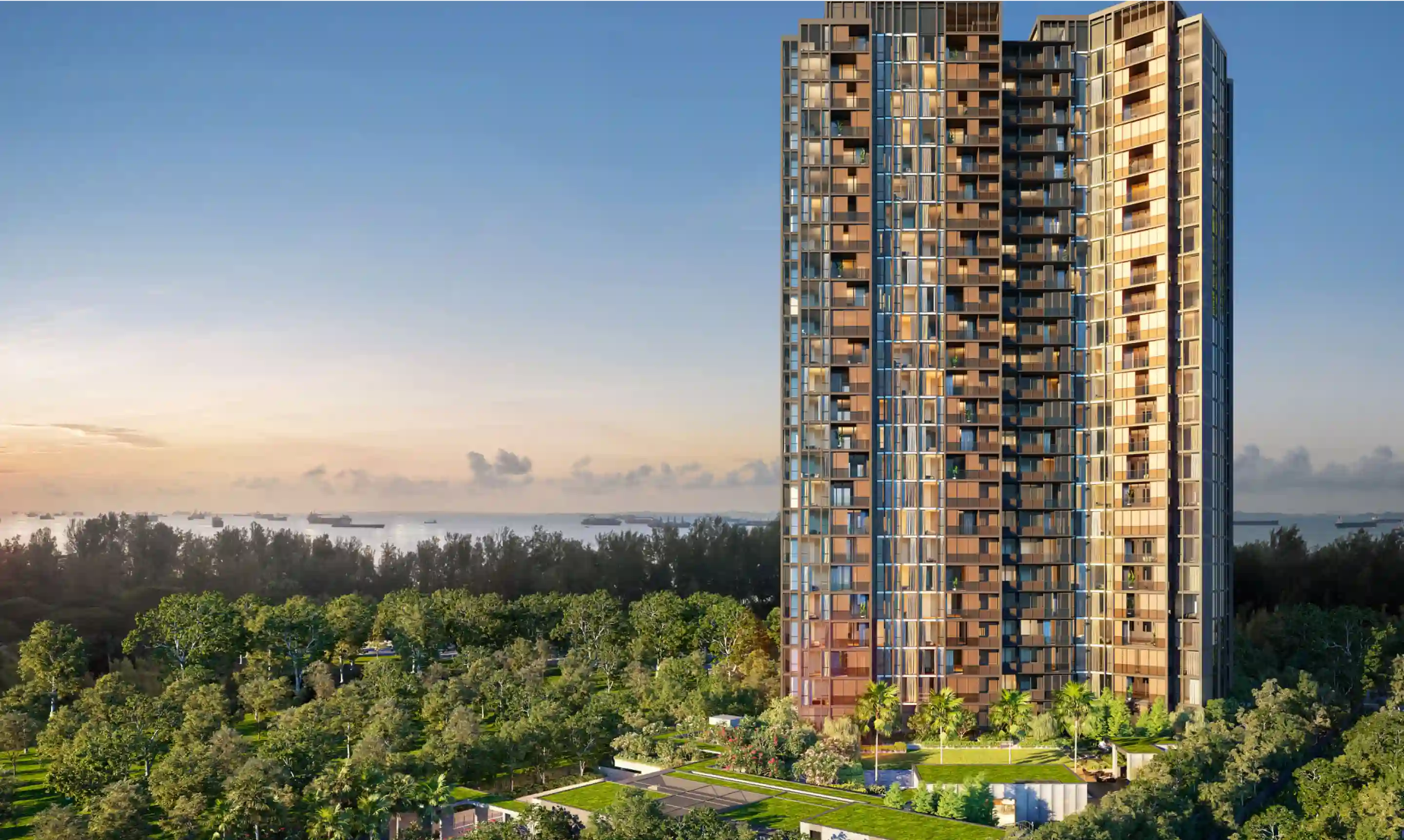 Meyer Mansion standing tall within its neighbourhood with a modern architectural style, situated near a dense forest area with an ocean backdrop, shown at sunset.