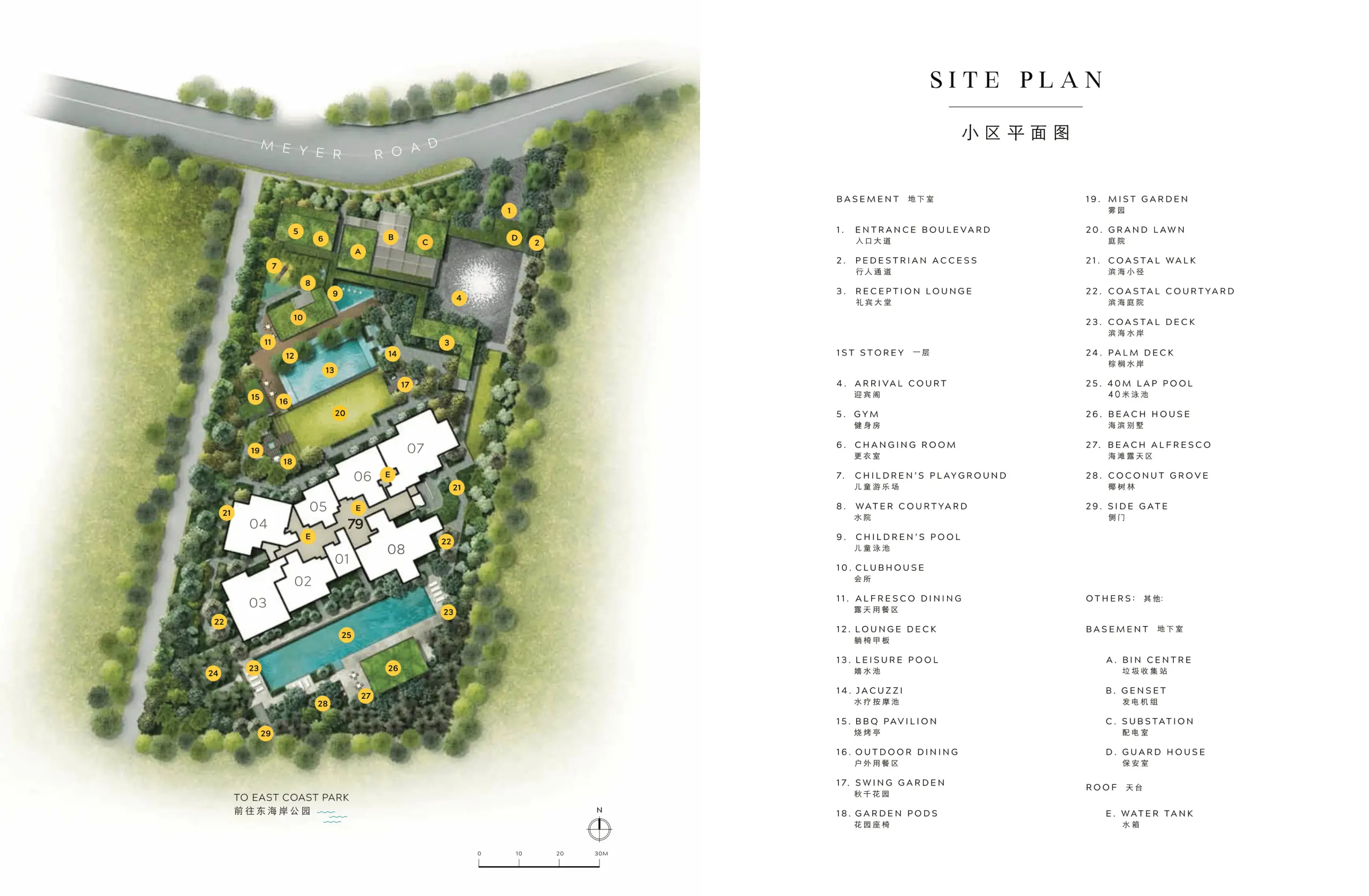 Illustrated site plan of Meyer Mansion labeled with key amenities such as gym, playground, clubhouse, alfresco dining, pool, and garden areas.