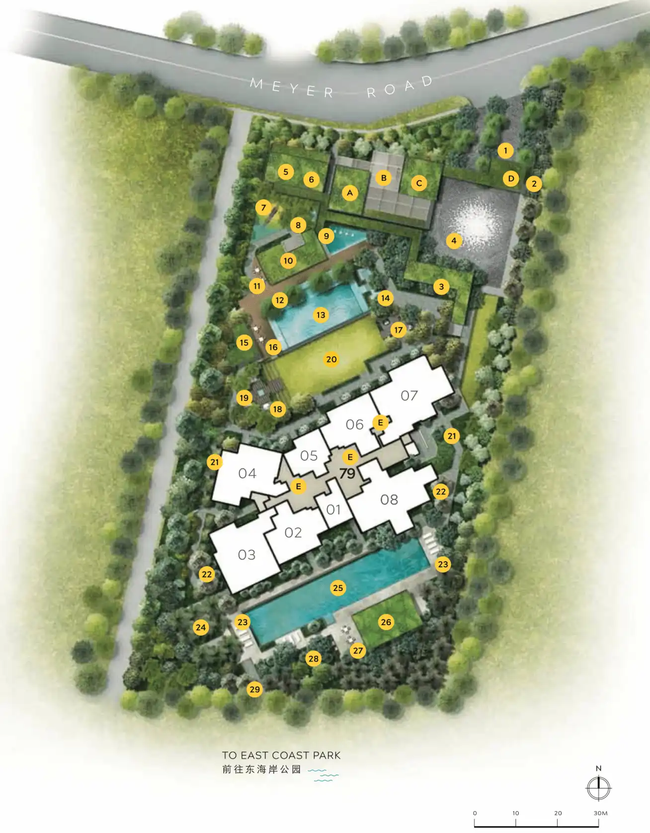 Illustrated site plan of Meyer Mansion labeled with key amenities such as gym, playground, clubhouse, alfresco dining, pool, and garden areas.